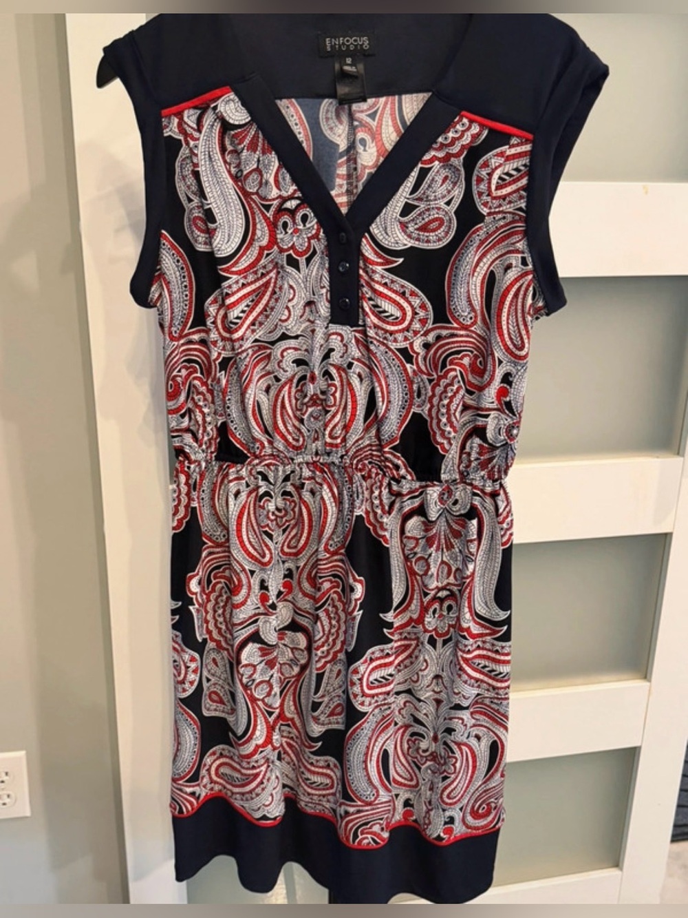 Enfocus Studio Navy, Red and White Paisley Midi Dress